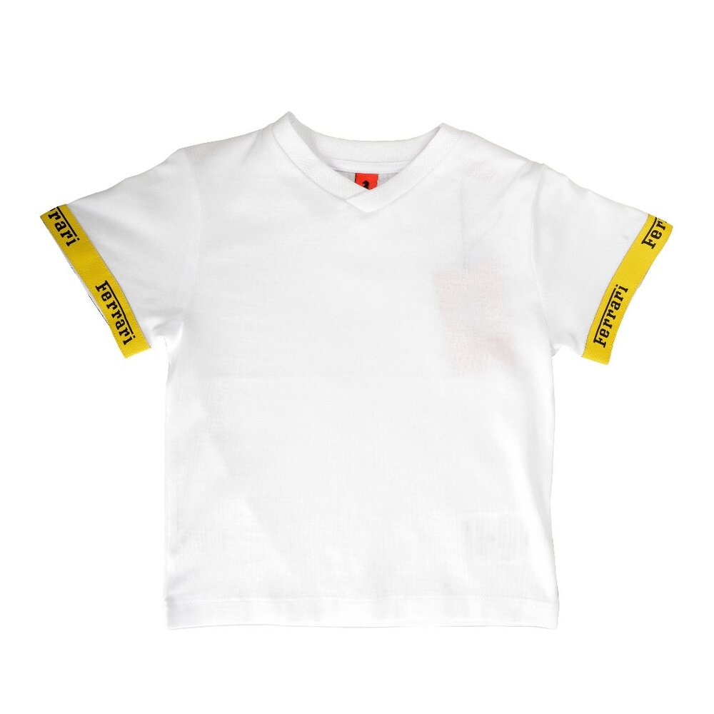 Scuderia Ferrari Boys White V-Neck Ferrari Lanyard Tape Short Sleeve T-Shirt